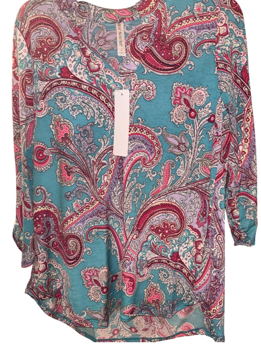 NWT Dear Scarlett Small Teal Pink Paisley 3/4 Sleeve Tunic Blouse Boutique Top